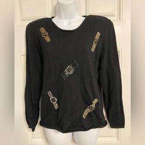 T26- CIELO Black Beaded WATCH Knit MERINO WOOL Sweater Top